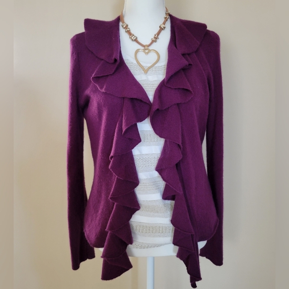 Saks Fifth Ave 100% Cashmere Plum Ruffled Cardigan - Picture 6 of 6